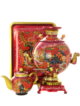 Набор самовар электрический 5 литров с художественной росписью "Хохлома на красном фоне мелкая", "шар", арт. 170811