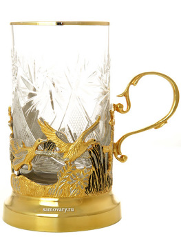 Чайный набор "Утиная охота" (подстаканник, ложка, блюдце, хрусталь) Златоуст позолоченный