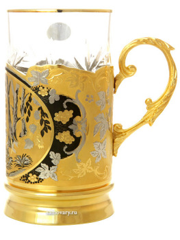 Чайный набор "Олень" (подстаканник, ложка, блюдце, хрусталь) Златоуст позолоченный