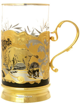 Чайный набор Златоуст "Кабаны" (подстаканник, ложка, блюдце, хрусталь) позолоченный