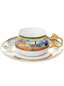 Чашка с блюдцем чайная форма "Билибина", рисунок "Деревня на озере", Императорский фарфоровый завод