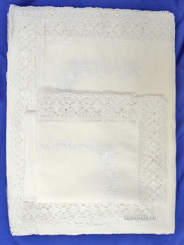 Комплект столового белья белый - лен с вышивкой Вологодским кружевом, арт. 6нхп-836