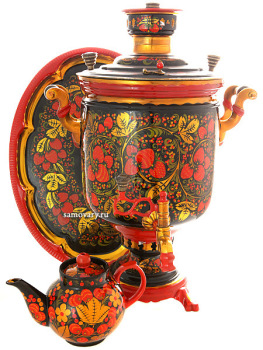 Комбинированный самовар 5 литров с художественной росписью  "Хохлома рыжая" в наборе с подносом и чайником, арт. 310535