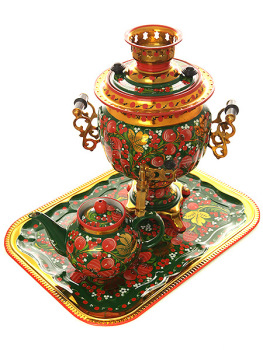 Набор самовар электрический 3 литра с художественной росписью "Клубника на зеленом фоне (рыжая)", арт. 121081