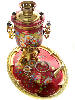 Набор самовар электрический 3 литра с художественной росписью "Букет ромашек на бордовом фоне", арт. 121039