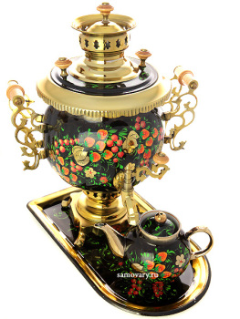 Комбинированный самовар 4,5 литра с художественной росписью "Хохлома классическая" в наборе с подносом и чайником, арт. 300003