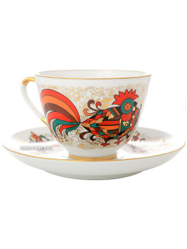 Чашка с блюдцем чайная форма "Весенняя", рисунок "Красный петух", Императорский фарфоровый завод