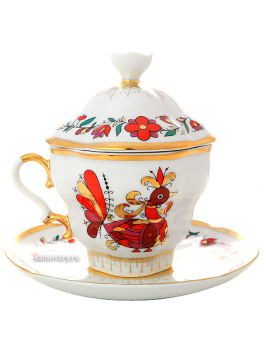 Чашка чайная с крышечкой и блюдцем форма "Подарочная-2", рисунок "Сувенир", Императорский фарфоровый завод