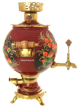 Электрический самовар 3 литра с художественной росписью "Клубника на бордовом фоне", форма "шар", арт. 110368