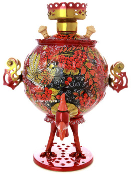 Электрический самовар в наборе 3 литра с художественной росписью "Хохлома на красном фоне мелкая", форма "Петух на ножках", арт. 110389