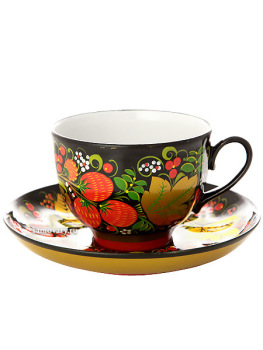 Керамическая чашка с блюдцем для чая "Хохлома классическая" 