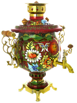 Комбинированный самовар 4,5 литра "шар" с художественной росписью "Солнышко" в наборе с подносом и чайником, арт. 311109