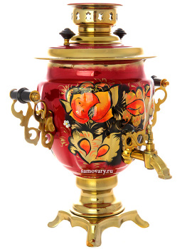 Электрический самовар 3 литра с художественной росписью "Золотые цветы на бордовом фоне", арт. 130262