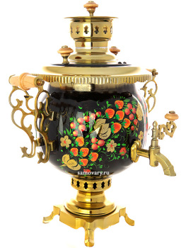 Комбинированный самовар 4,5 литра с художественной росписью "Хохлома классическая" в наборе с подносом и чайником, арт. 300003