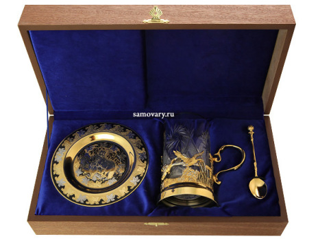 Чайный набор "Утиная охота" (подстаканник, ложка, блюдце, хрусталь) Златоуст позолоченный