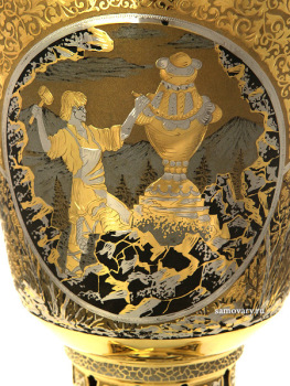 Самовар электрический 4 литра желтый "конус" старинный с ручной гравюрой "Хозяйка медной горы", арт. 144546