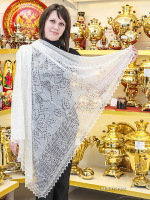 Пуховый оренбургский ажурный платок экрю, арт. А110-02