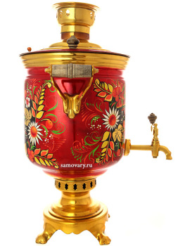 Угольный самовар 5 литров "цилиндр" с художественной росписью "Хохлома на красном фоне", арт. 220530