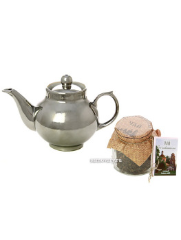 Подарочный набор: чайник заварочный керамический "под серебро" со столбушинским чаем