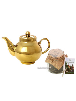 Подарочный набор: чайник заварочный керамический "под золото" со столбушинским чаем 