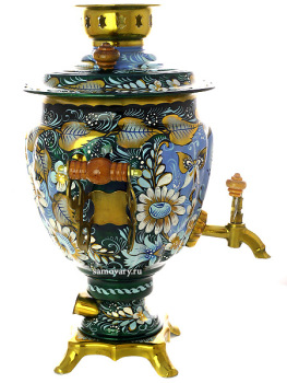 Набор самовар электрический 3 литра с художественной росписью "Солнышко с ромашками на синем фоне", арт. 155647