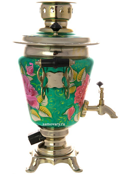 Электрический самовар 3 литра с художественной росписью "Цветы на зеленом" с термовыключателем, арт. 171405