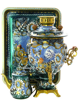 Набор самовар электрический 3 литра с художественной росписью "Солнышко с ромашками на синем фоне", арт. 155647