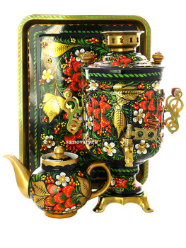 Набор самовар электрический 3 литра с художественной росписью "Хохлома классическая", "цилиндр" рифленый, арт. 121108