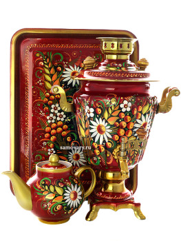 Набор самовар электрический 3 литра с художественной росписью "Хохлома на красном фоне", "конус" арт. 155641
