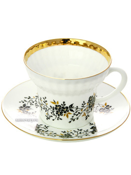 Чашка с блюдцем чайная форма "Волна" рисунок "Тонкие веточки", Императорский фарфоровый завод