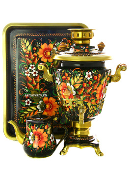 Набор самовар электрический 3 литра с художественной росписью "Хохлома на черном фоне", арт. 190320