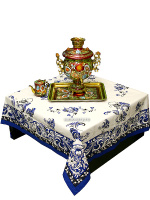 Скатерть "Петух", синяя без кружева, 150х180