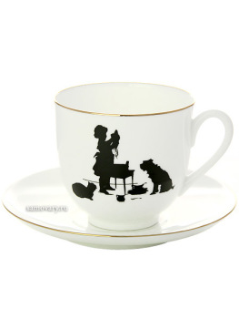 Кофейная чашка с блюдцем форма "Ландыш", рисунок "Помощница", серия "Силуэты", Императорский фарфоровый завод
