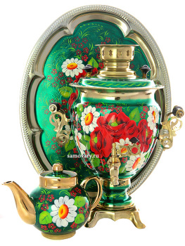 Набор самовар электрический 3 литра с художественной росписью "Букет на зеленом фоне", арт. 130258