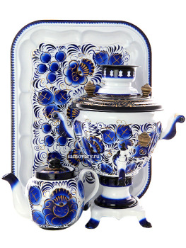Электрический самовар 2 литра с росписью "Гжель" с подносом и чайником, арт. 130315