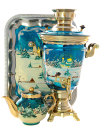 Электрический самовар 4 литра с росписью "Зимняя деревня" с подносом и чайником, арт. 130706