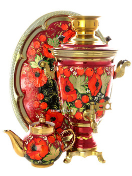 Набор самовар электрический 4 литра с художественной росписью "Маки, рябина на бордовом фоне", арт. 130212