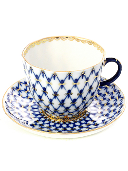 Фарфоровая кофейная чашка с блюдцем форма "Тюльпан" рисунок "Кобальтовая сетка", Императорский фарфоровый завод