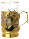 Чайный подстаканник "Путин и Медведев" Златоуст в комплекте с ложкой и стаканом, позолоченный в подарочной коробке, Златоуст