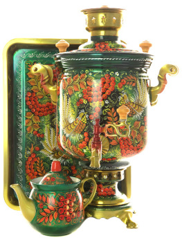 Угольный самовар 5 литров с художественной росписью "Хохлома на зеленом фоне мелкая" "цилиндр" в наборе , арт. 270785