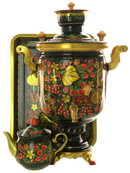 Комбинированный самовар 5 литров с художественной росписью  "Хохлома классическая" в наборе с подносом и чайником, арт. 309910