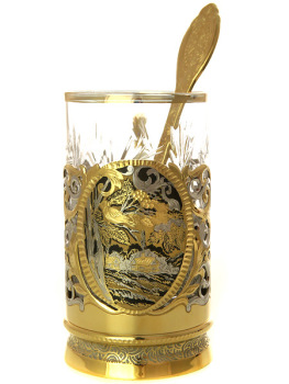Позолоченный подстаканник Златоуст "Снегири" с ложкой, хрустальным стаканом в подарочном футляре
