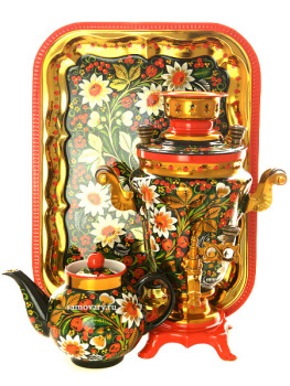 Набор самовар электрический 1,5 литра с художественной росписью "Хохлома рыжая ромашки", арт. 199883