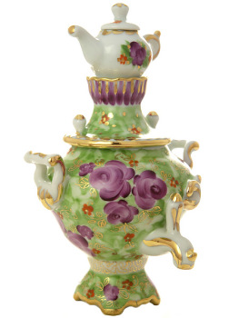Самовар сувенирный "Гжель" цветной с заварочным чайником (зеленый фон)