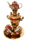 Набор самовар электрический 3 литра с художественной росписью "Золотые цветы на бордовом фоне" с чайным сервизом, арт. 160325с