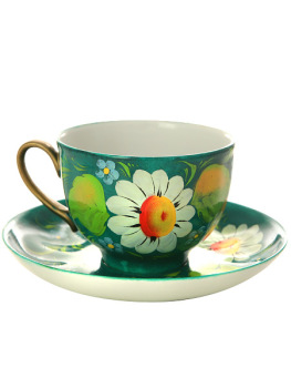 Чайный набор на 6 персон из чайных пар и сахарницы с художественной росписью "Букет на зеленом фоне"