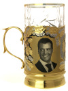 Чайный подстаканник "Путин и Медведев" Златоуст в комплекте с ложкой и стаканом, позолоченный в подарочной коробке, Златоуст