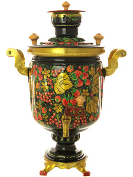 Комбинированный самовар 5 литров с художественной росписью  "Хохлома классическая" в наборе с подносом и чайником, арт. 309910
