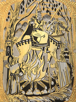 Позолоченная фляжка с гравюрой "Сварог - славянский бог" в подарочном футляре Златоуст 