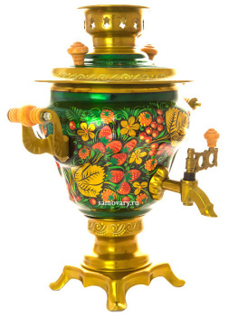 Набор самовар электрический 2,5 литра с художественной росписью "Хохлома на зеленом фоне", арт. 121044